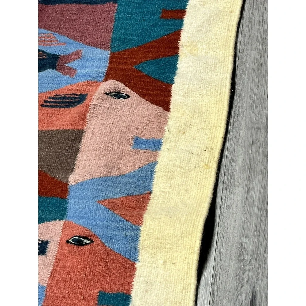 Vintage Zapotec Oaxacan Fringed Mexican Wool Rug Fish Stories Rug 58 X 23.5